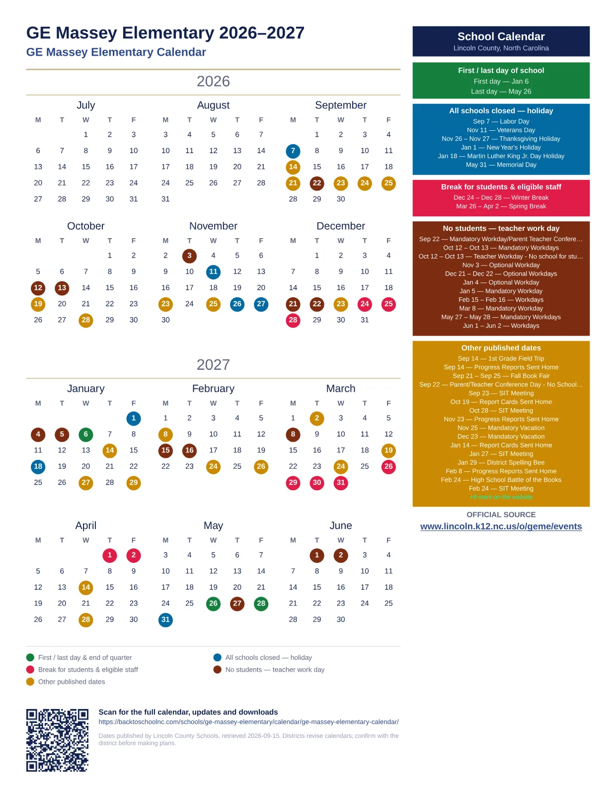 GE Massey Elementary 2027–2028 printable calendar