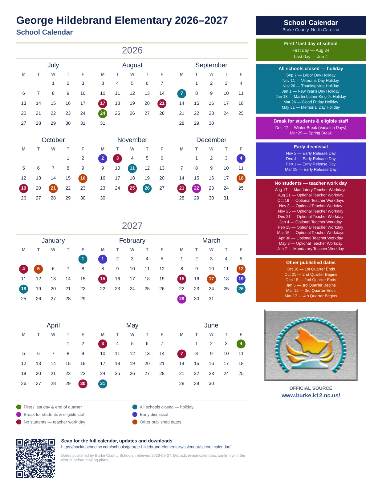 George Hildebrand Elementary 2026–2027 printable calendar