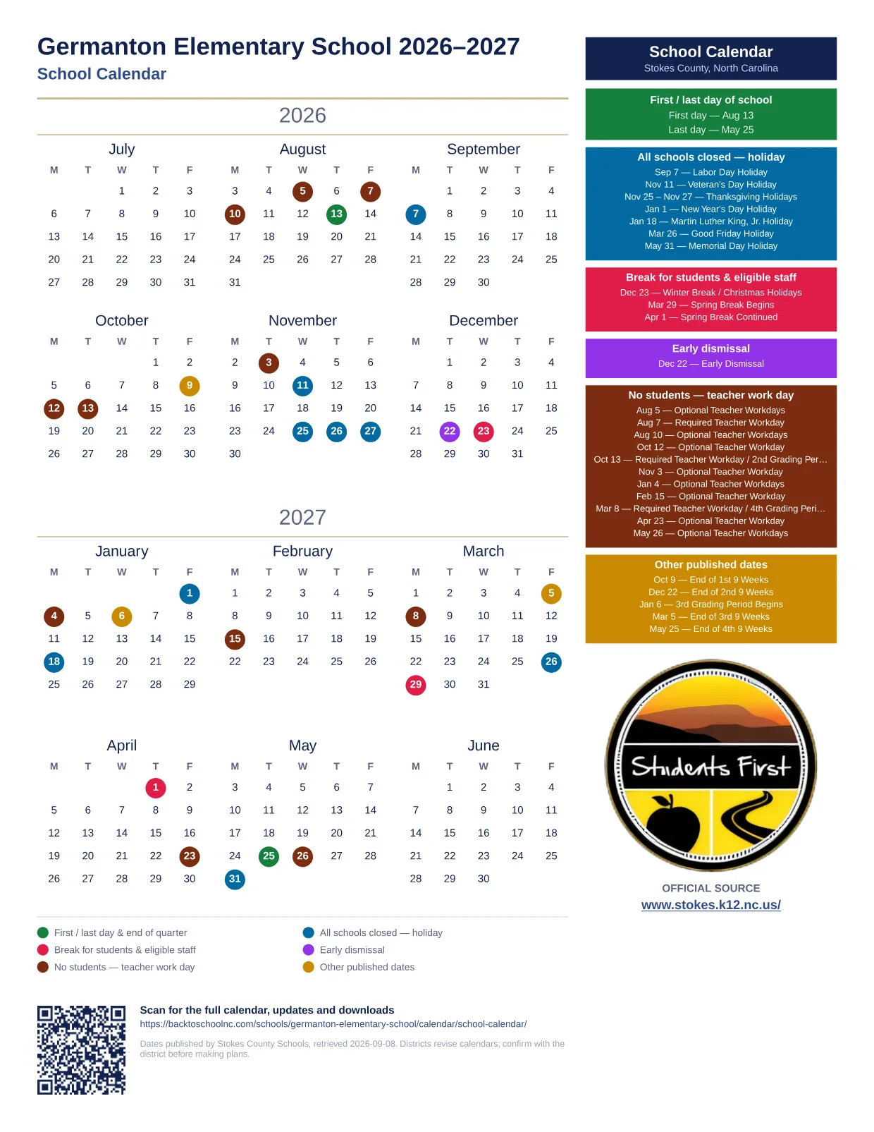 Germanton Elementary School 2026–2027 printable calendar