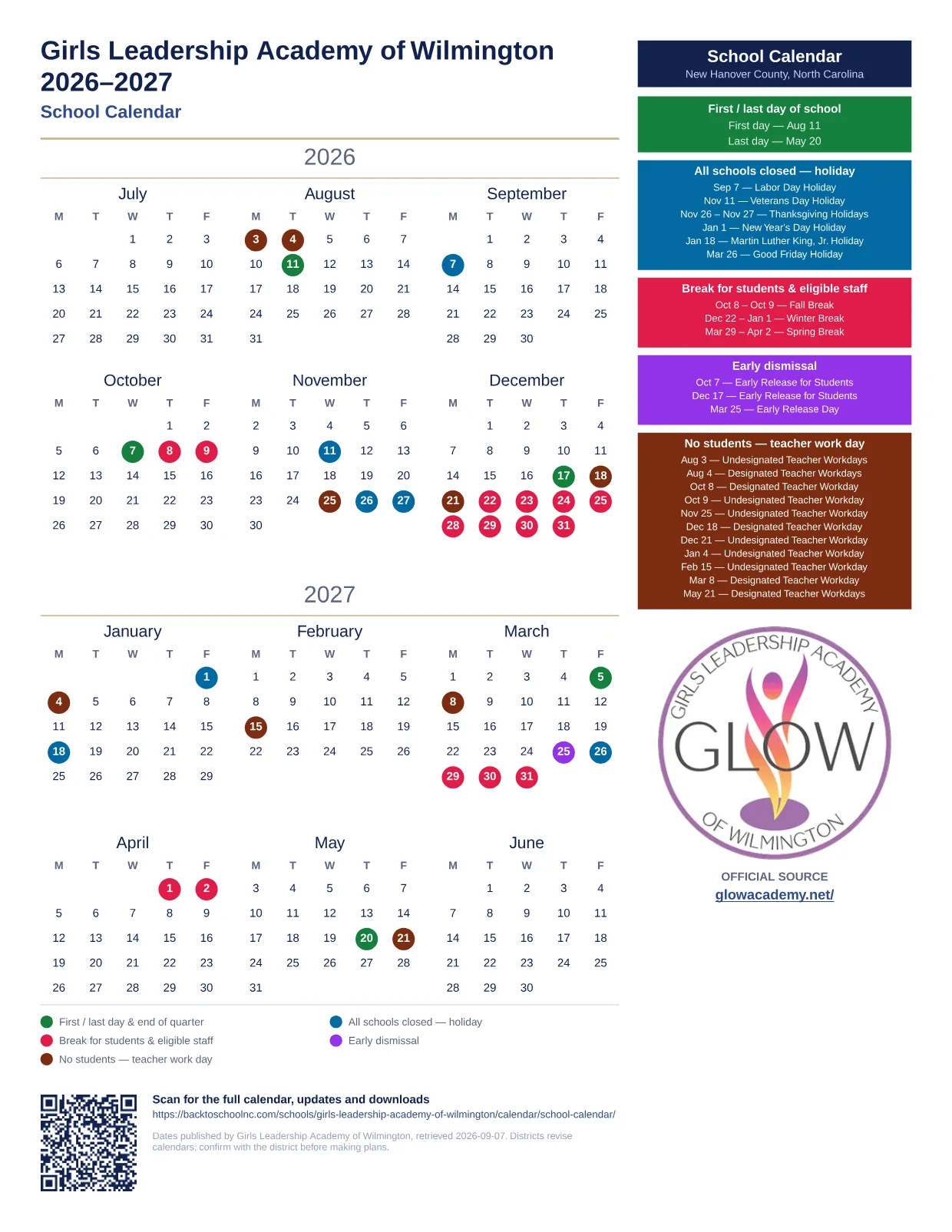 Girls Leadership Academy of Wilmington School Calendar 2026–2027 printable calendar