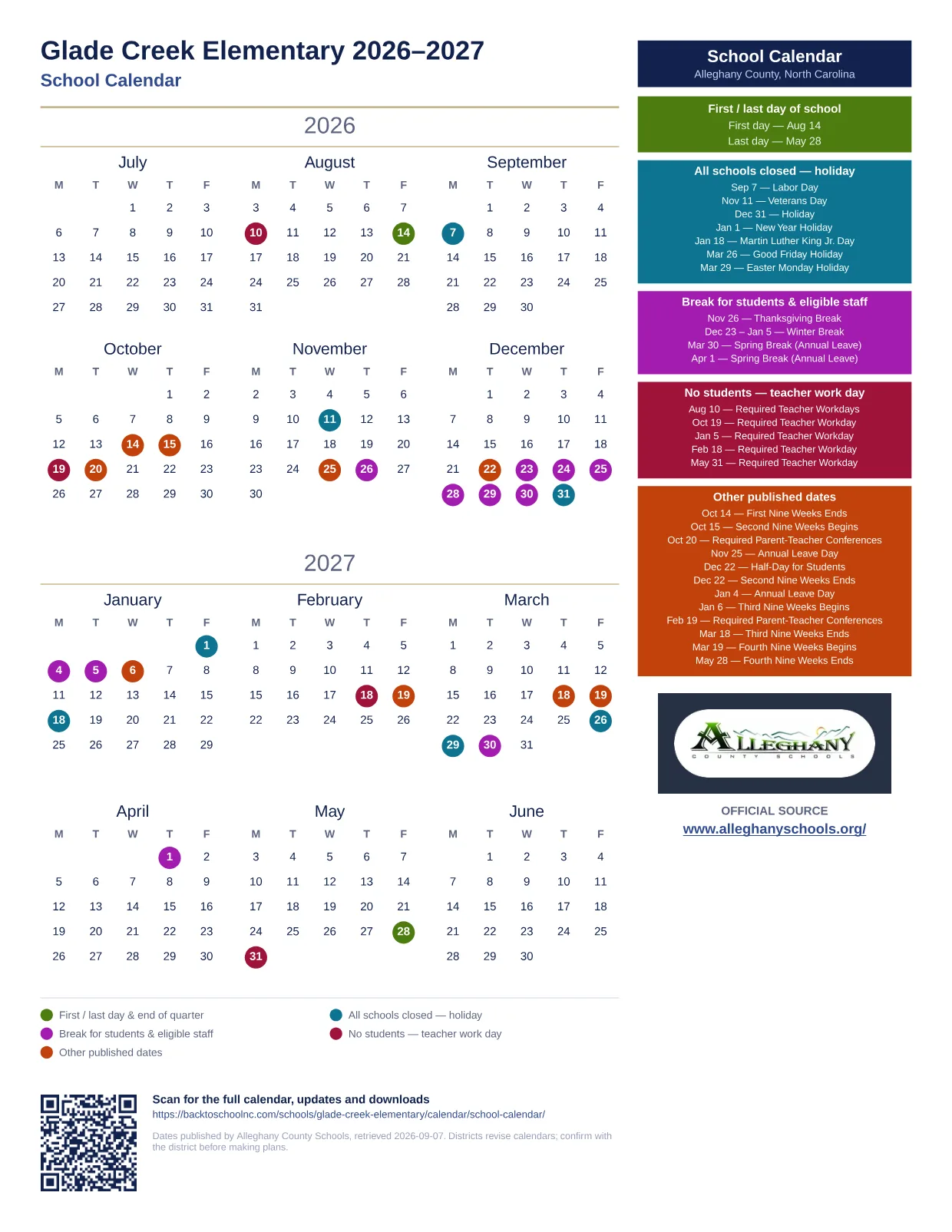 Glade Creek Elementary 2026–2027 printable calendar