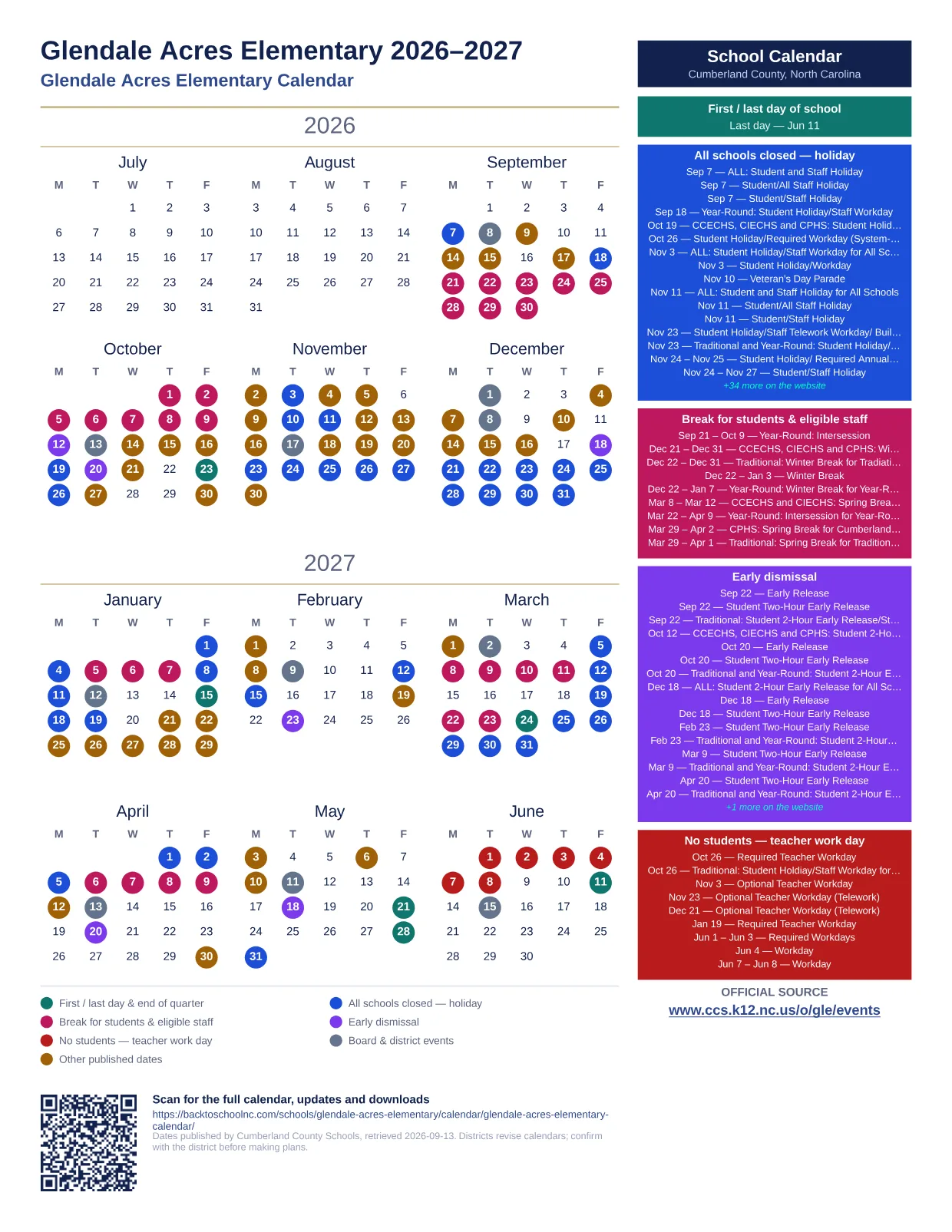 Glendale Acres Elementary printable calendar