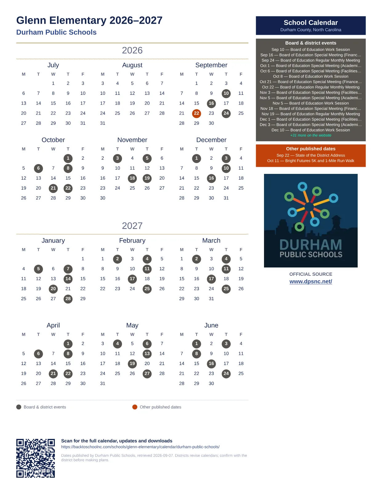 Glenn Elementary  printable calendar