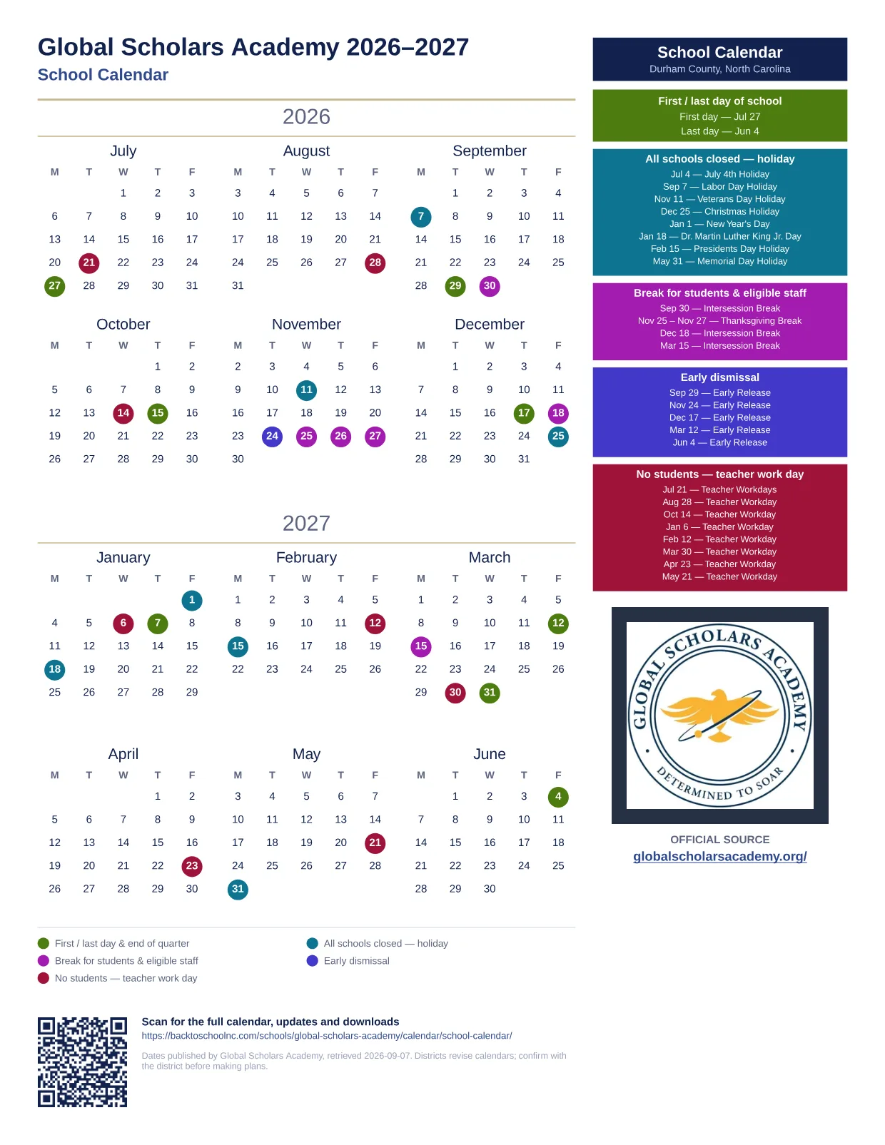 Global Scholars Academy School Calendar 2026–2027 printable calendar
