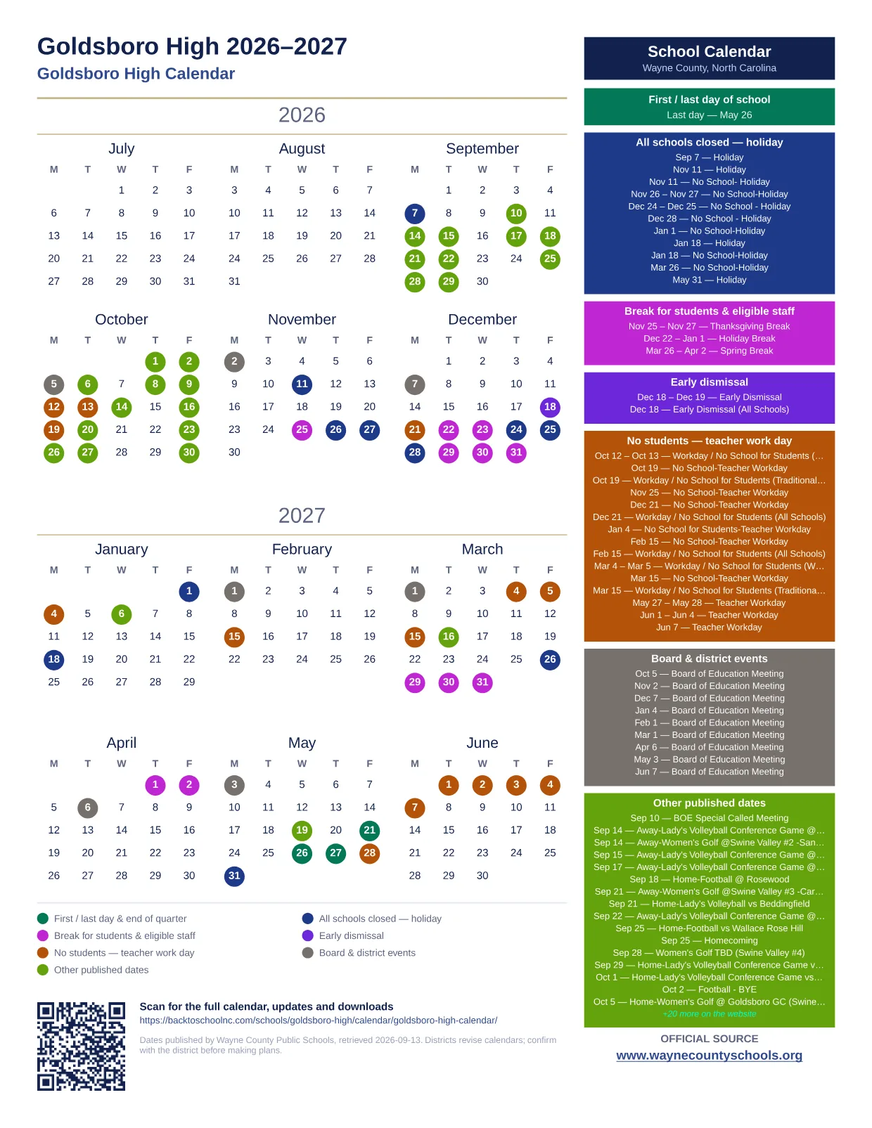 Goldsboro High  printable calendar
