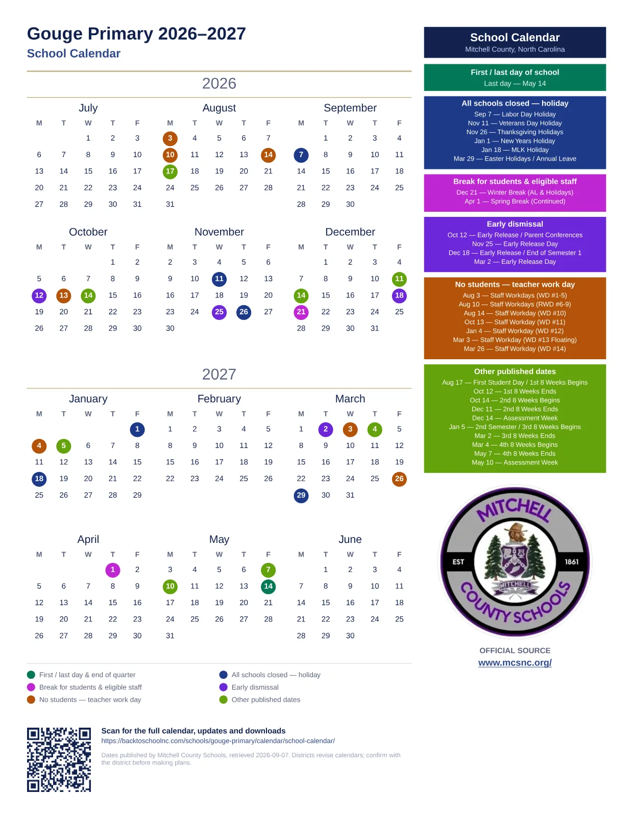 Gouge Primary printable calendar