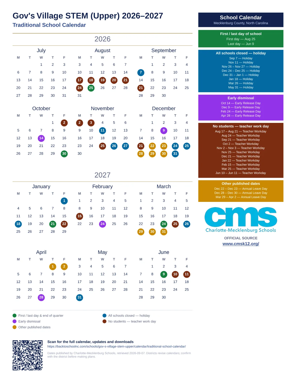 Gov's Village STEM (Upper) 2026–2027 printable calendar