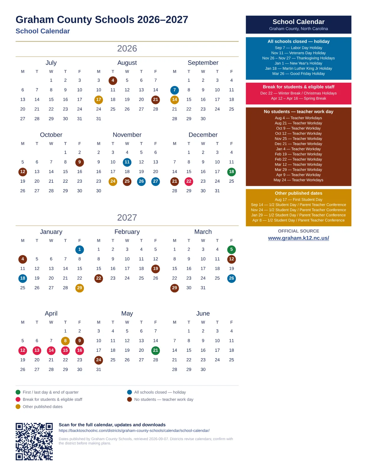 Graham County Schools School Calendar printable calendar