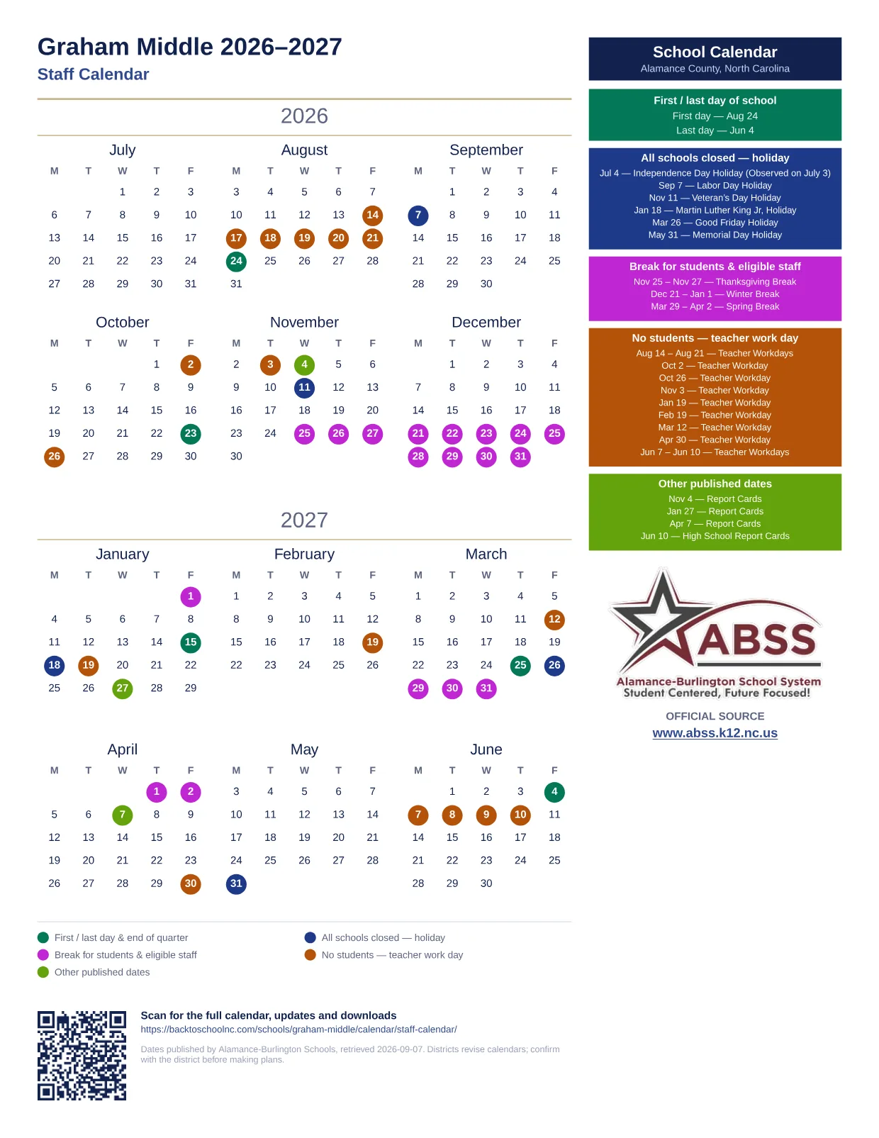 Graham Middle 2026–2027 printable calendar