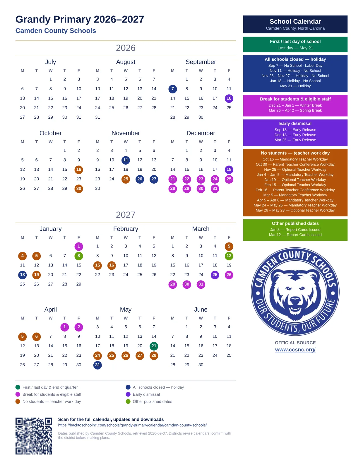 Grandy Primary printable calendar