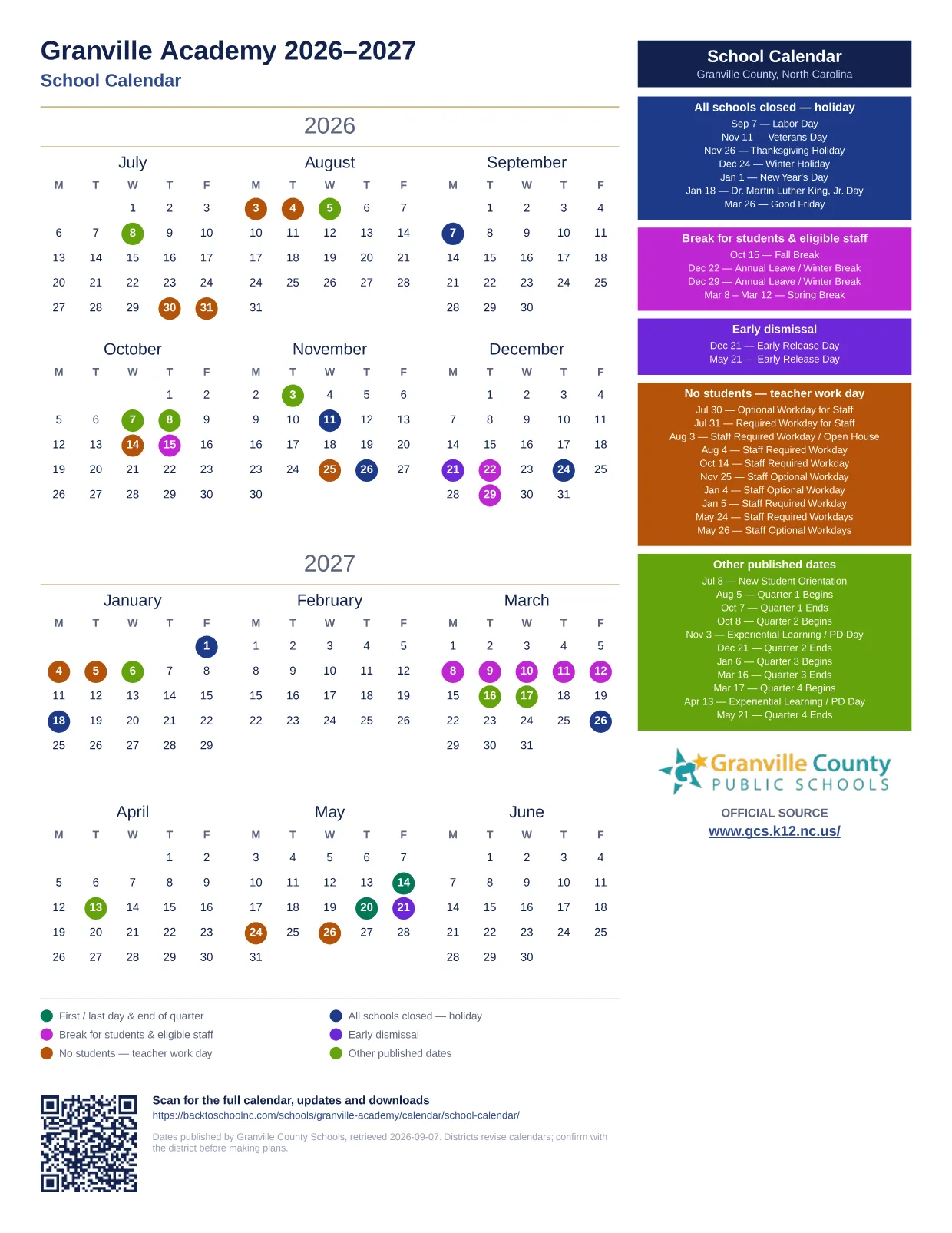 Granville Academy  printable calendar