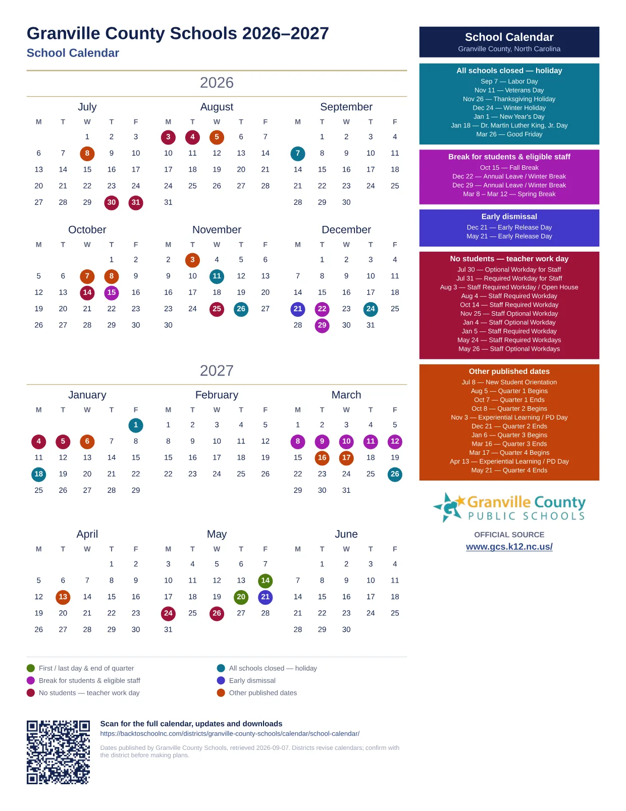 Granville County Schools School Calendar  printable calendar