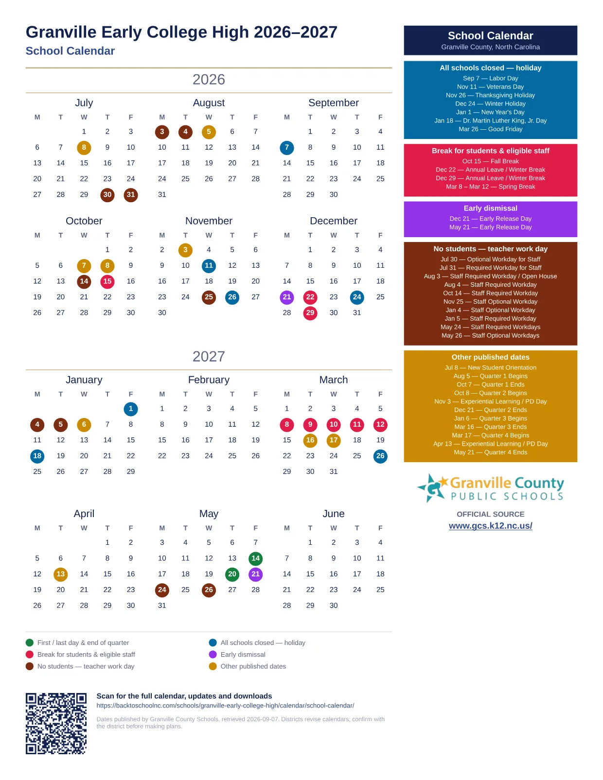 Granville Early College High printable calendar