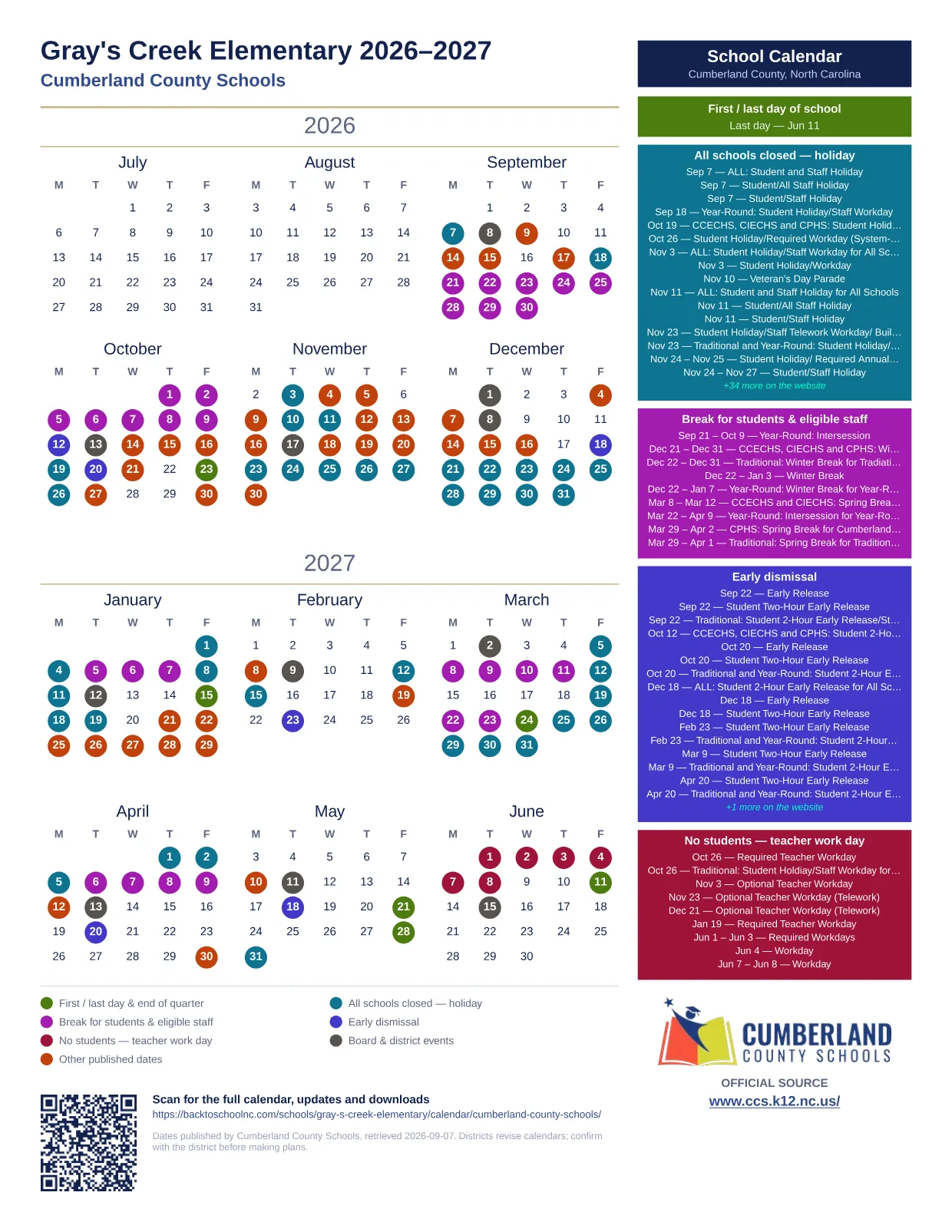 Gray's Creek Elementary  printable calendar