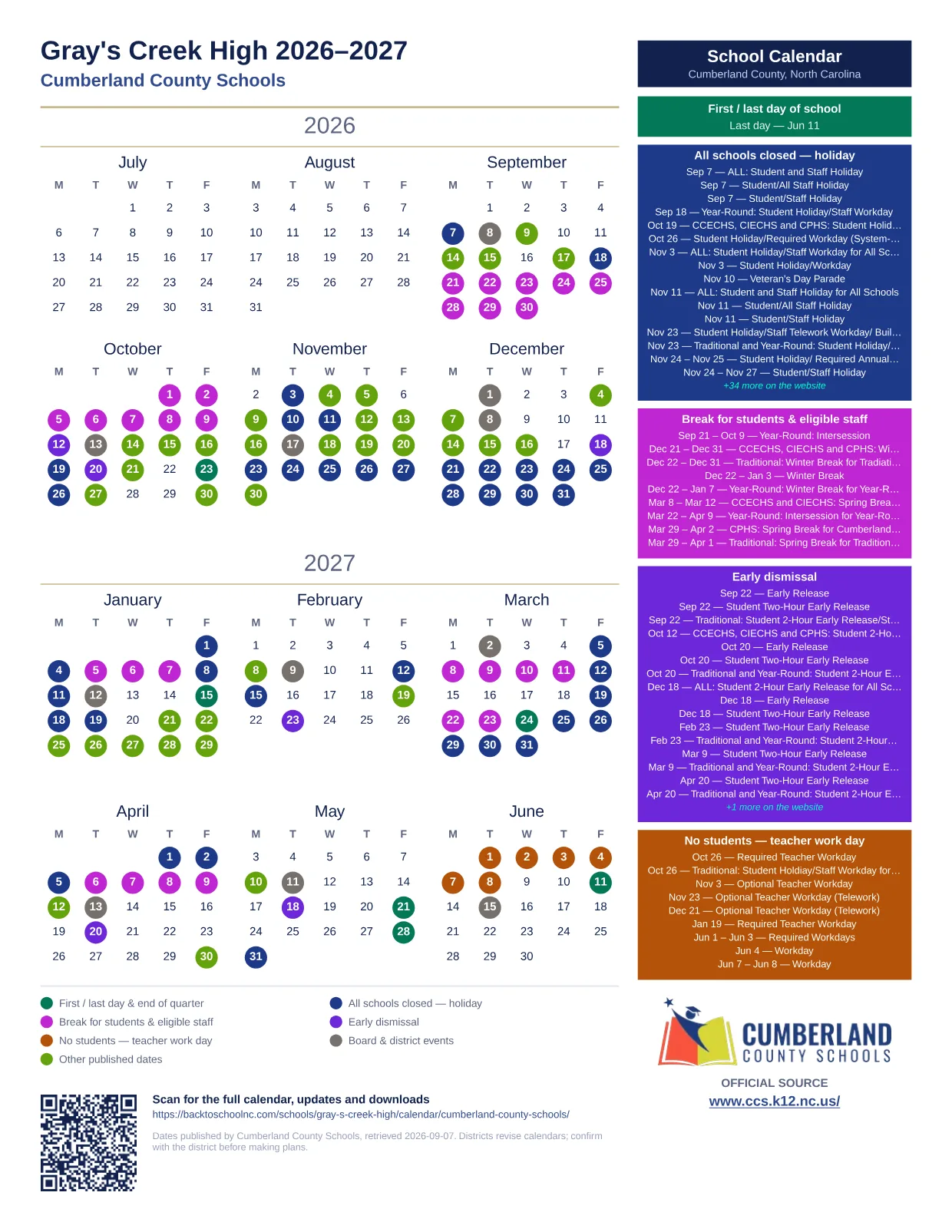 Gray's Creek High  printable calendar
