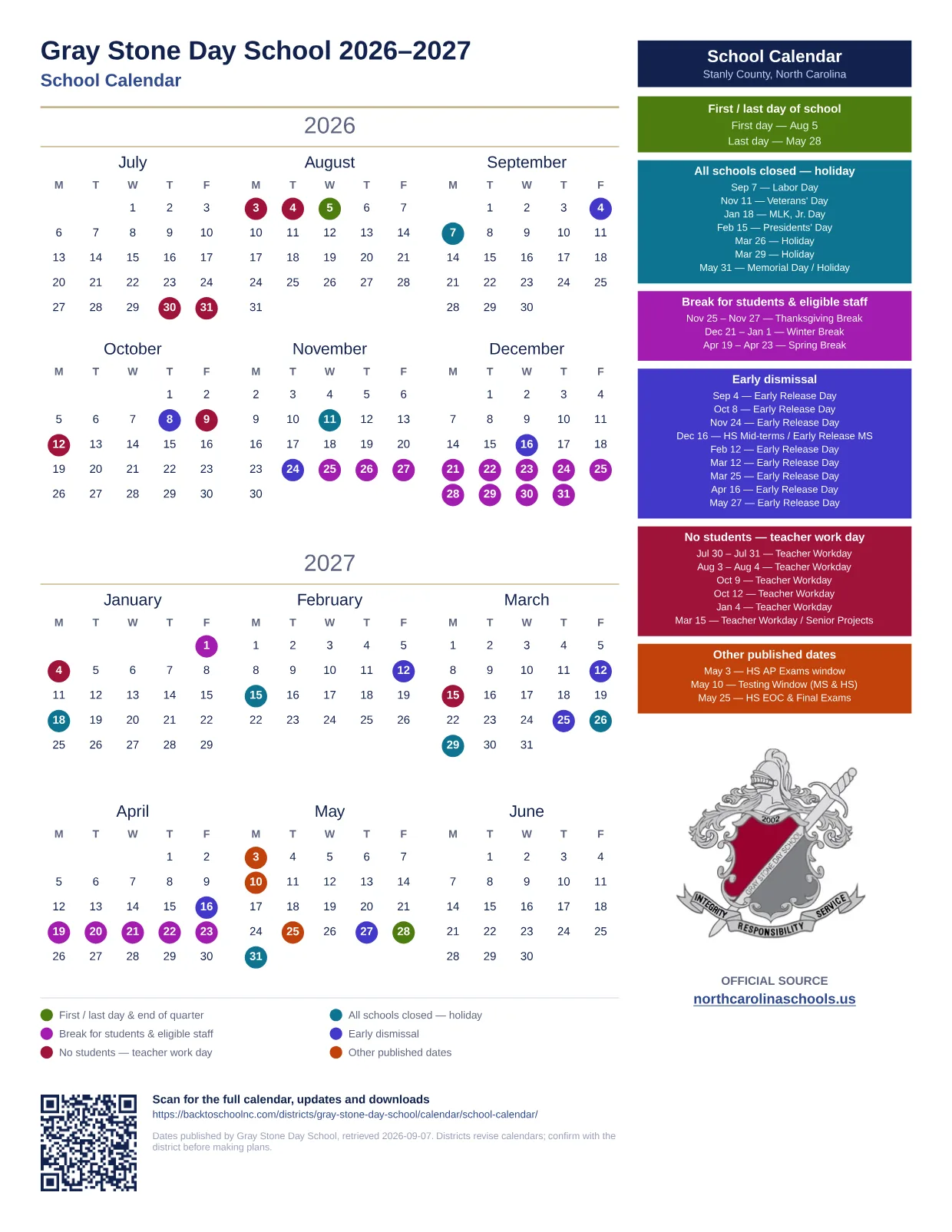 Gray Stone Day School School Calendar 2026–2027 printable calendar