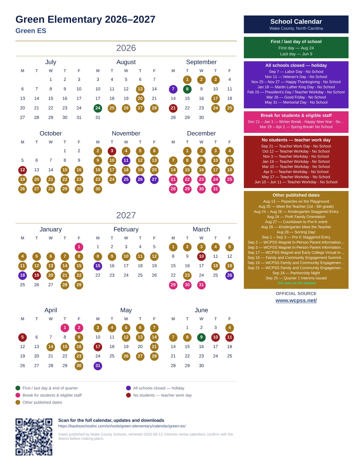 Green Elementary 2026–2027 printable calendar
