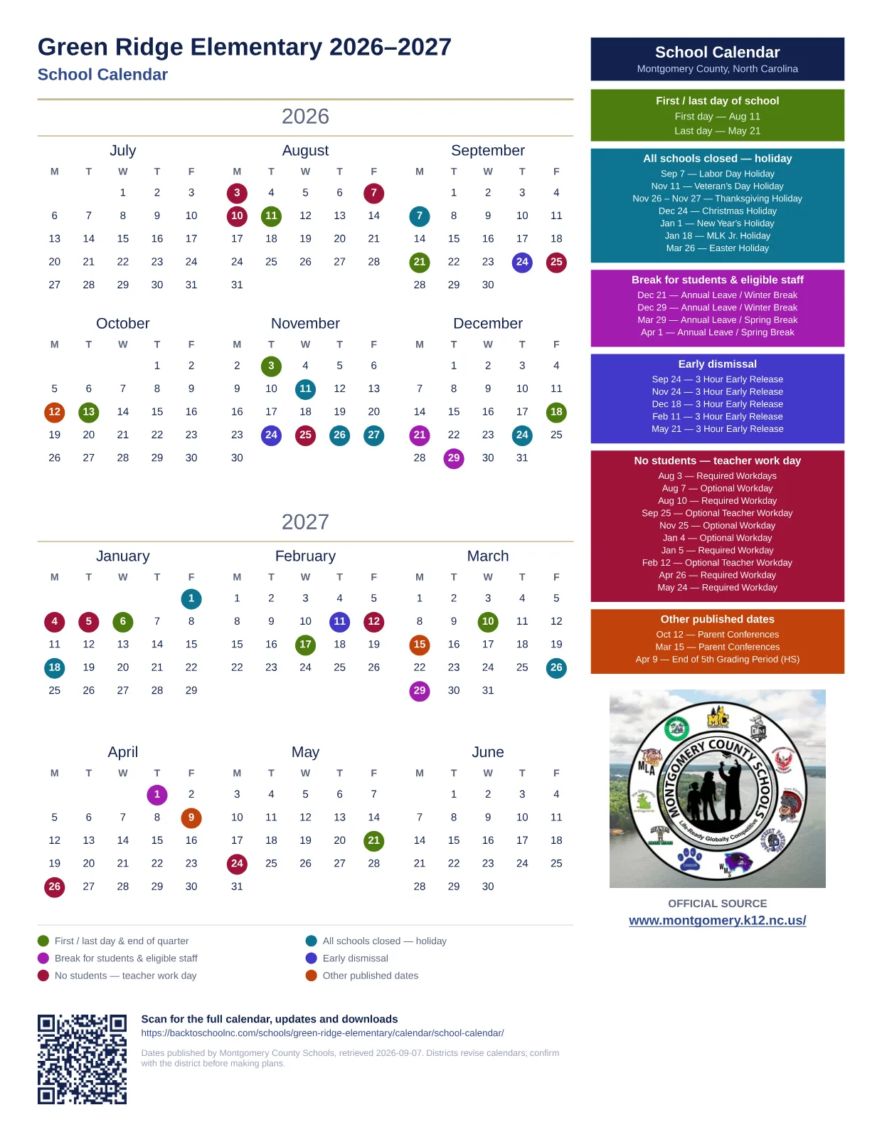 Green Ridge Elementary 2026–2027 printable calendar
