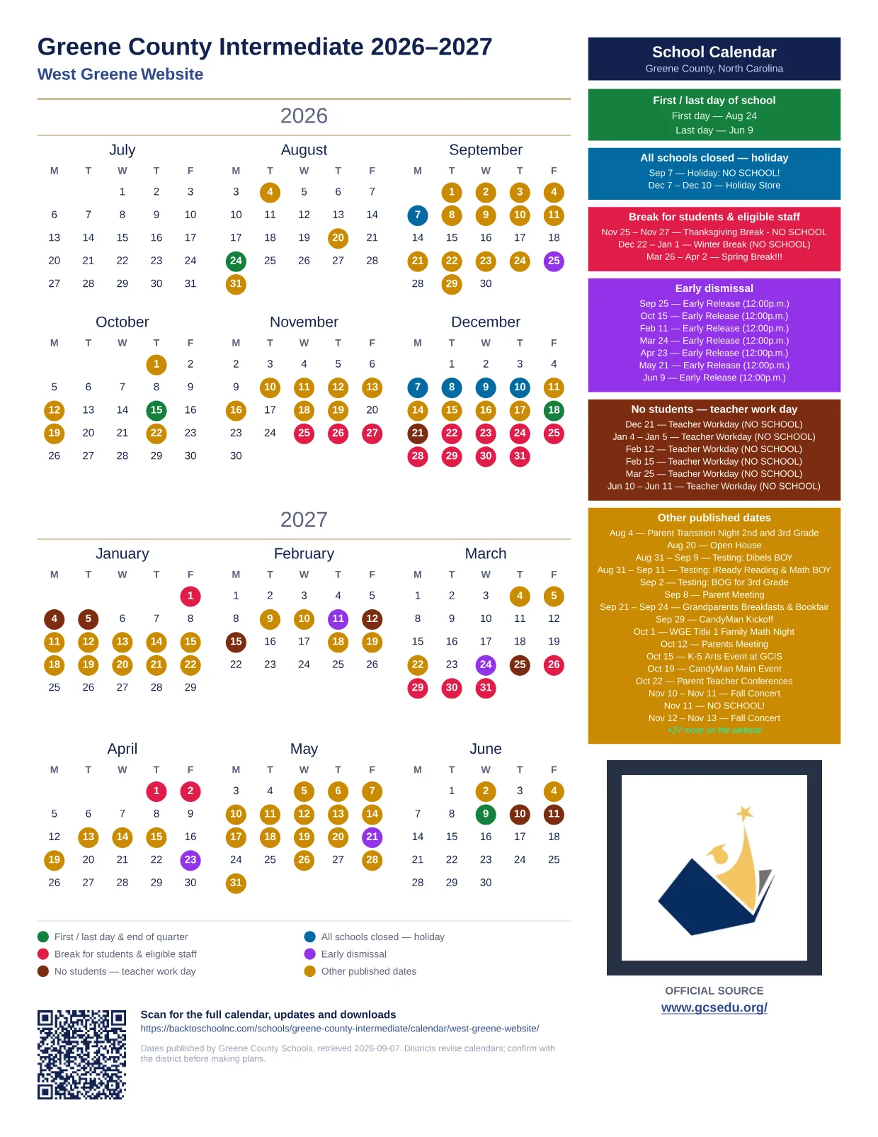 Greene County Intermediate 2026–2027 printable calendar