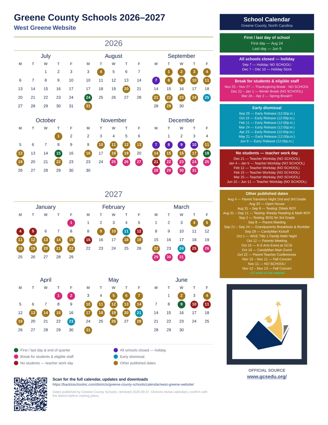Greene County Schools West Greene Website 2026–2027 printable calendar