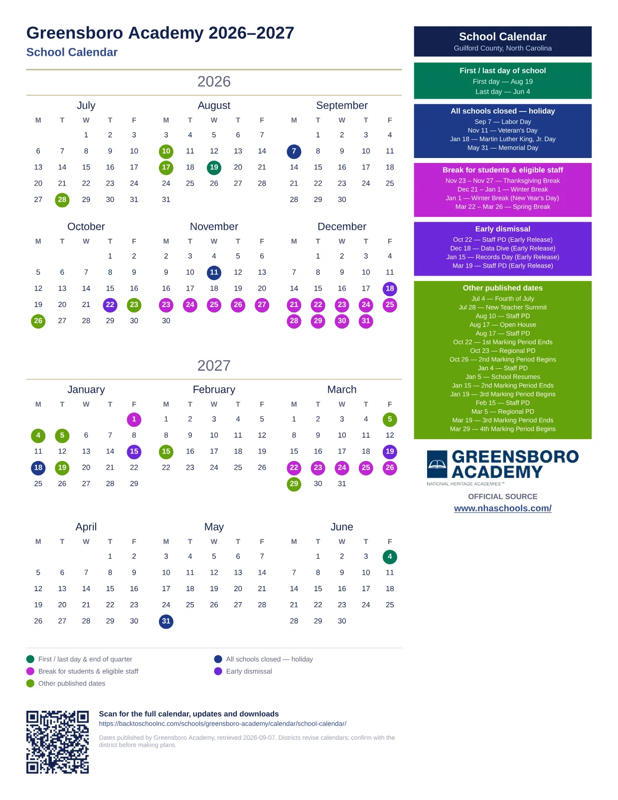 Greensboro Academy School Calendar 2026–2027 printable calendar