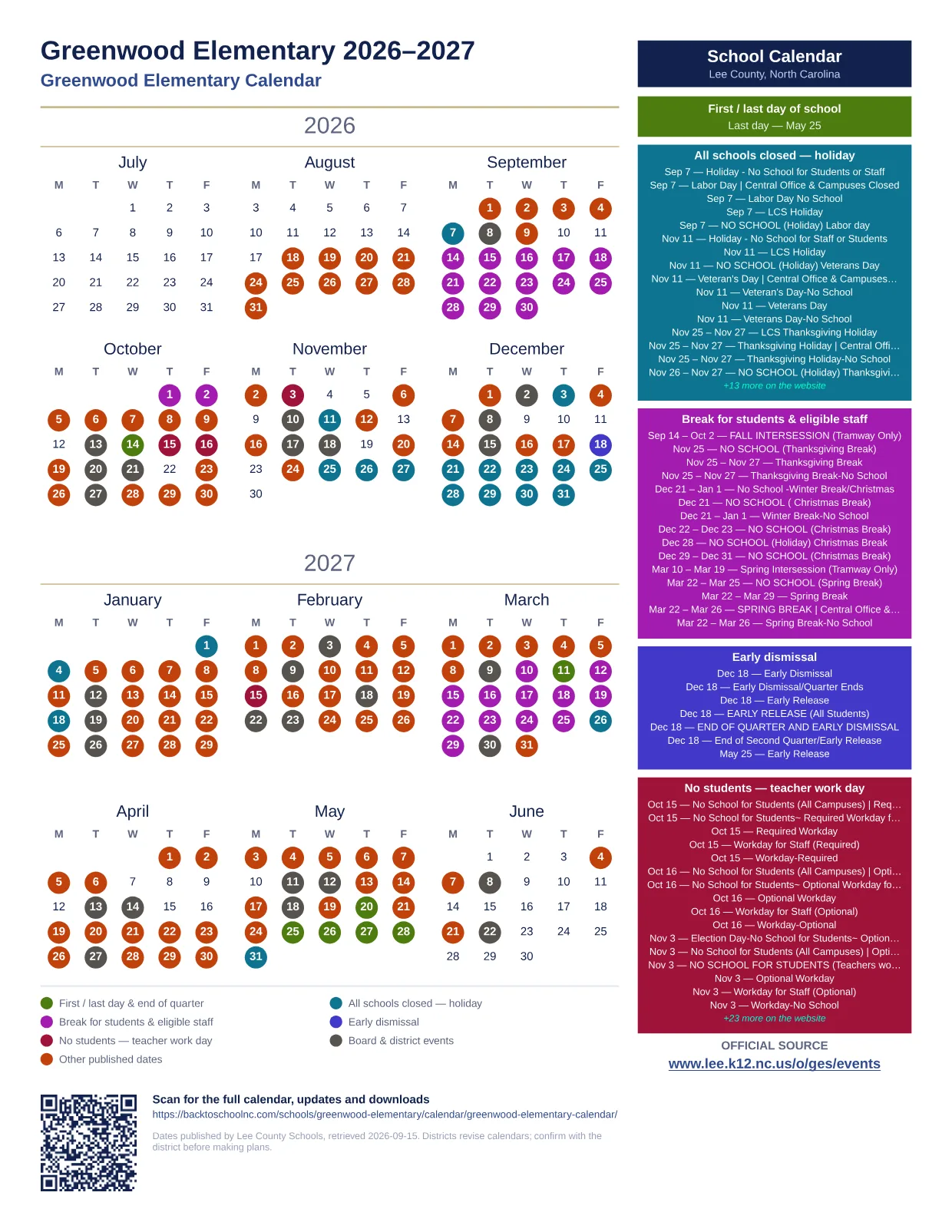 Greenwood Elementary  printable calendar