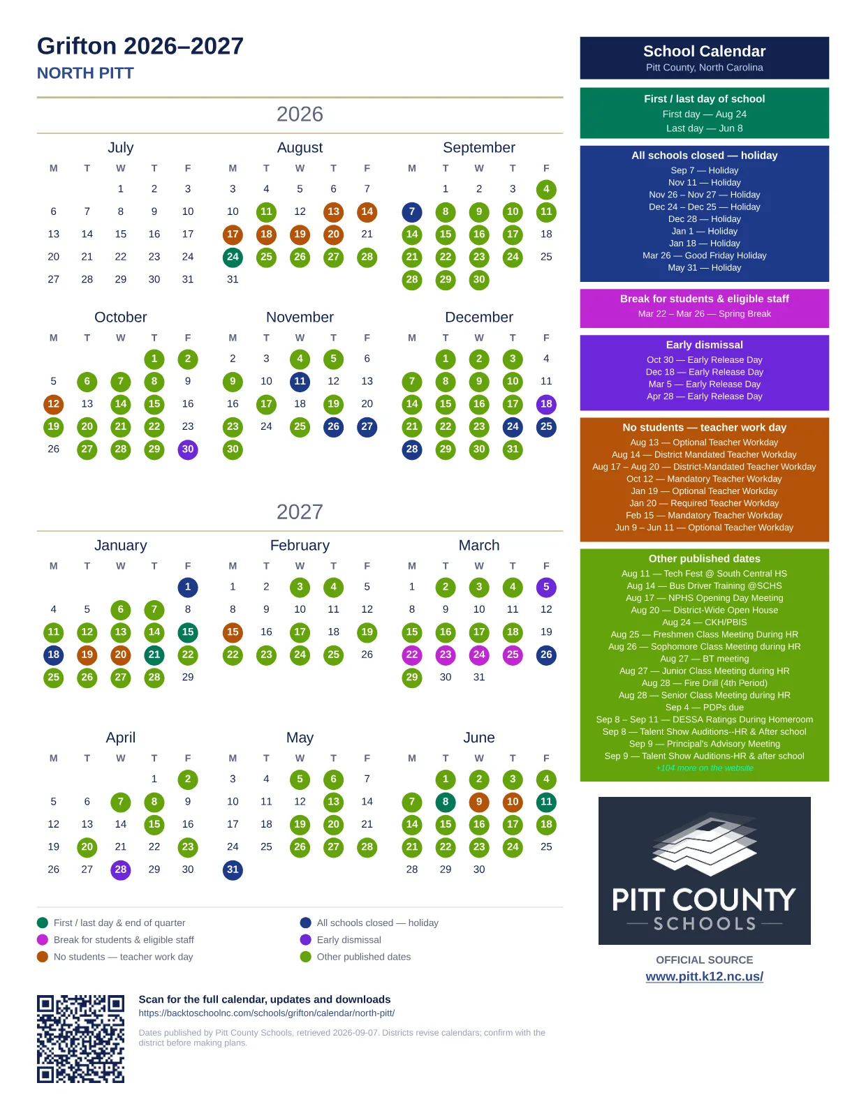 Grifton 2026–2027 printable calendar