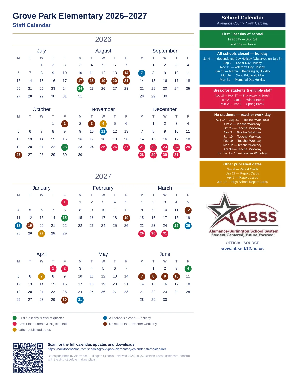 Grove Park Elementary 2026–2027 printable calendar
