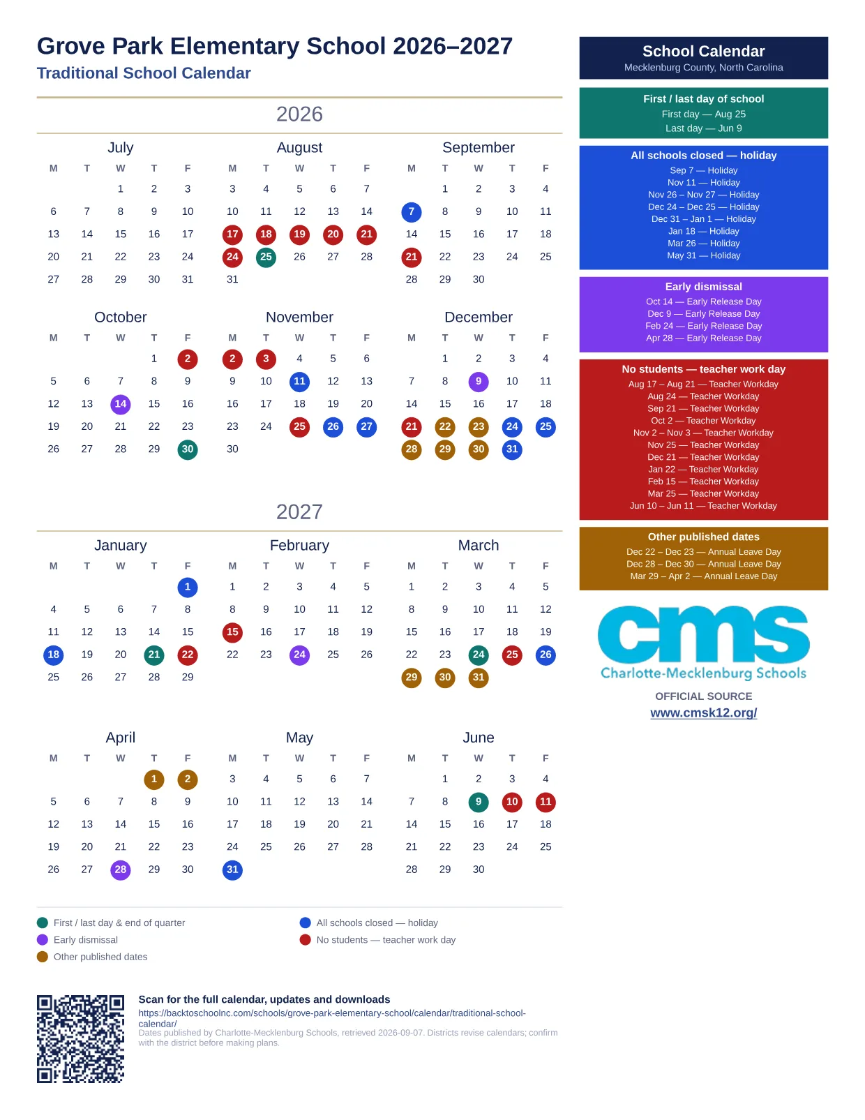 Grove Park Elementary School 2026–2027 printable calendar