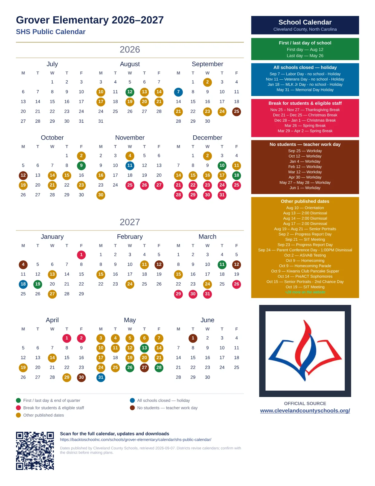 Grover Elementary 2026–2027 printable calendar