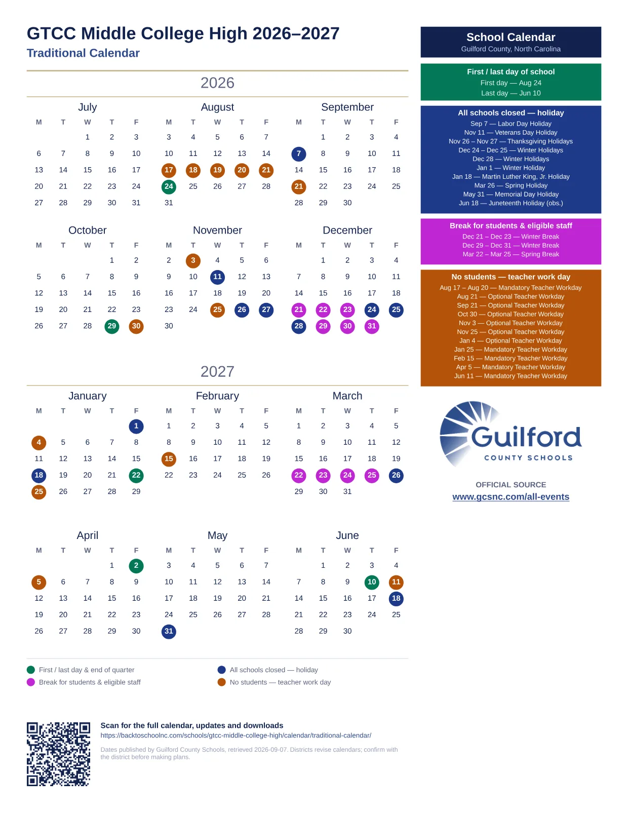 GTCC Middle College High 2026–2027 printable calendar