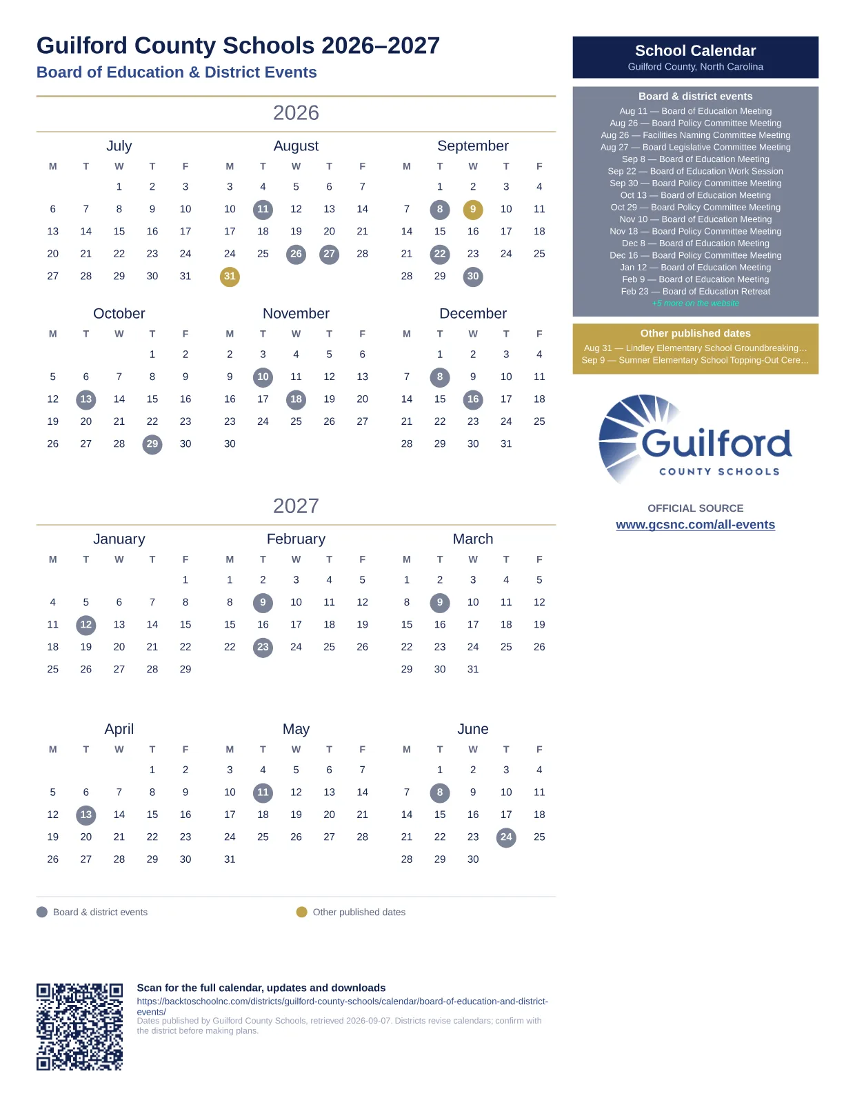 Guilford County Schools Board of Education & District Events  printable calendar