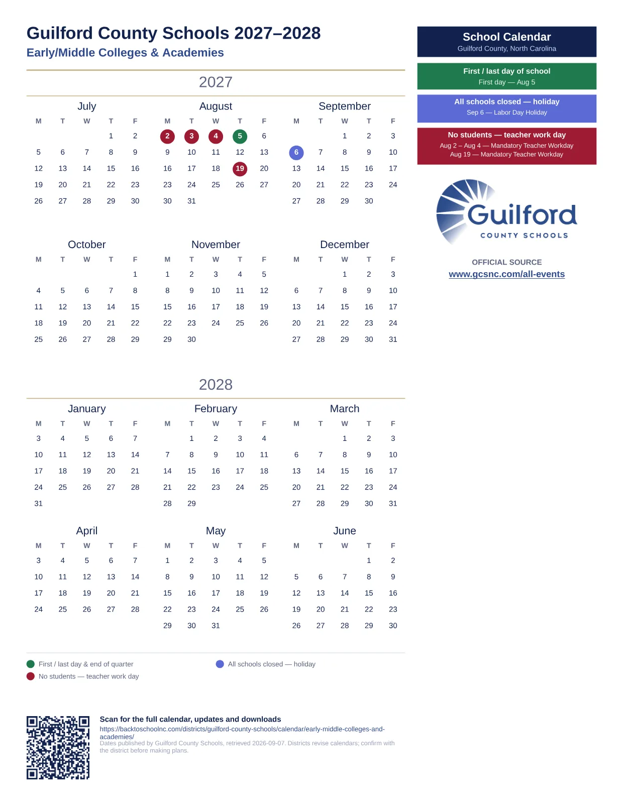 Guilford County Schools Early/Middle Colleges & Academies 2027–2028 printable calendar