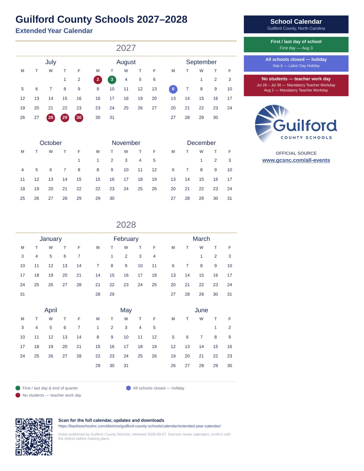 Guilford County Schools Extended Year Calendar 2027–2028 printable calendar