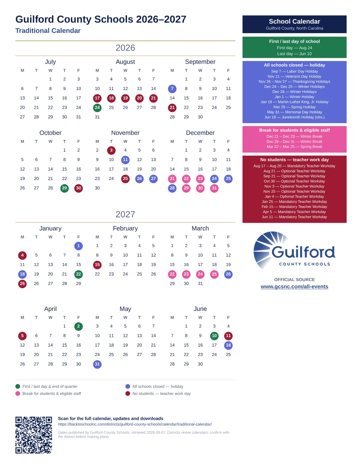 Guilford County Schools Traditional Calendar 2026–2027 printable calendar