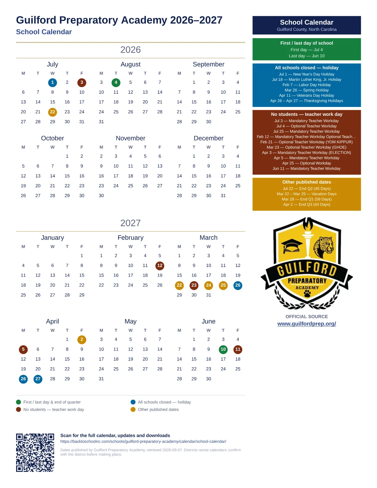 Guilford Preparatory Academy School Calendar 2026–2027 printable calendar