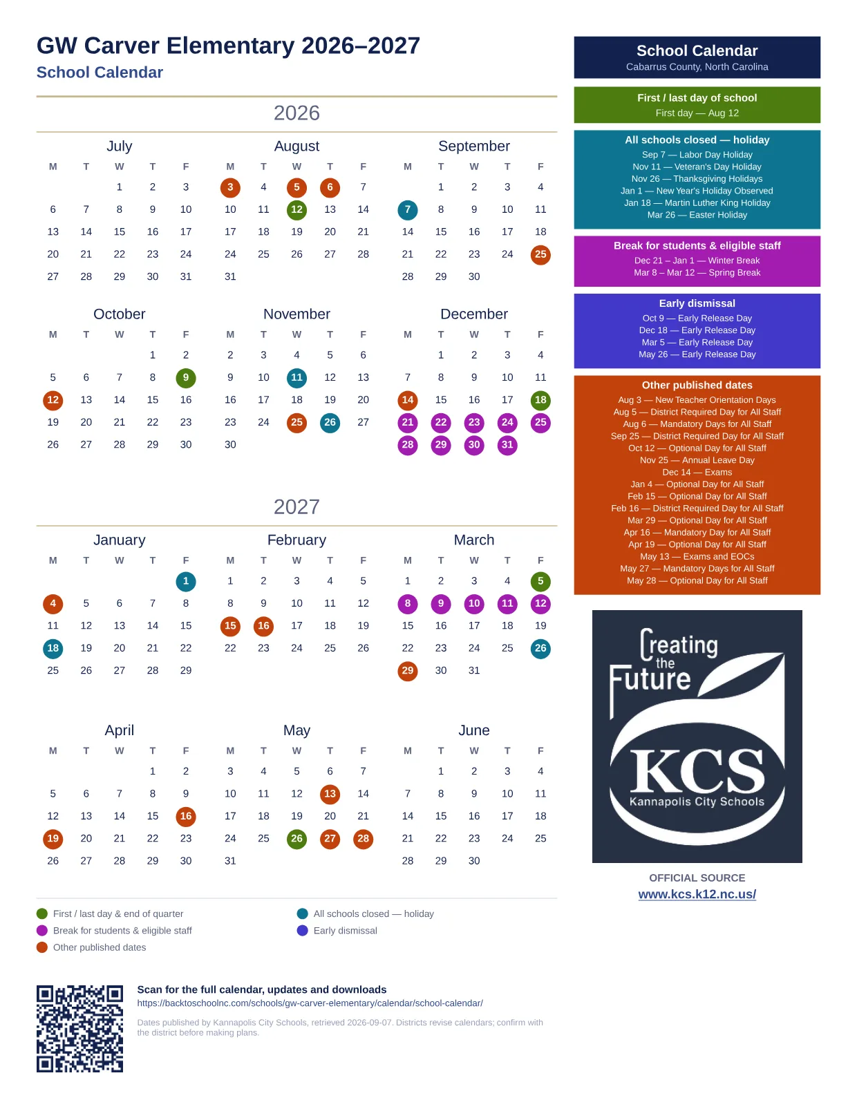 GW Carver Elementary 2026–2027 printable calendar