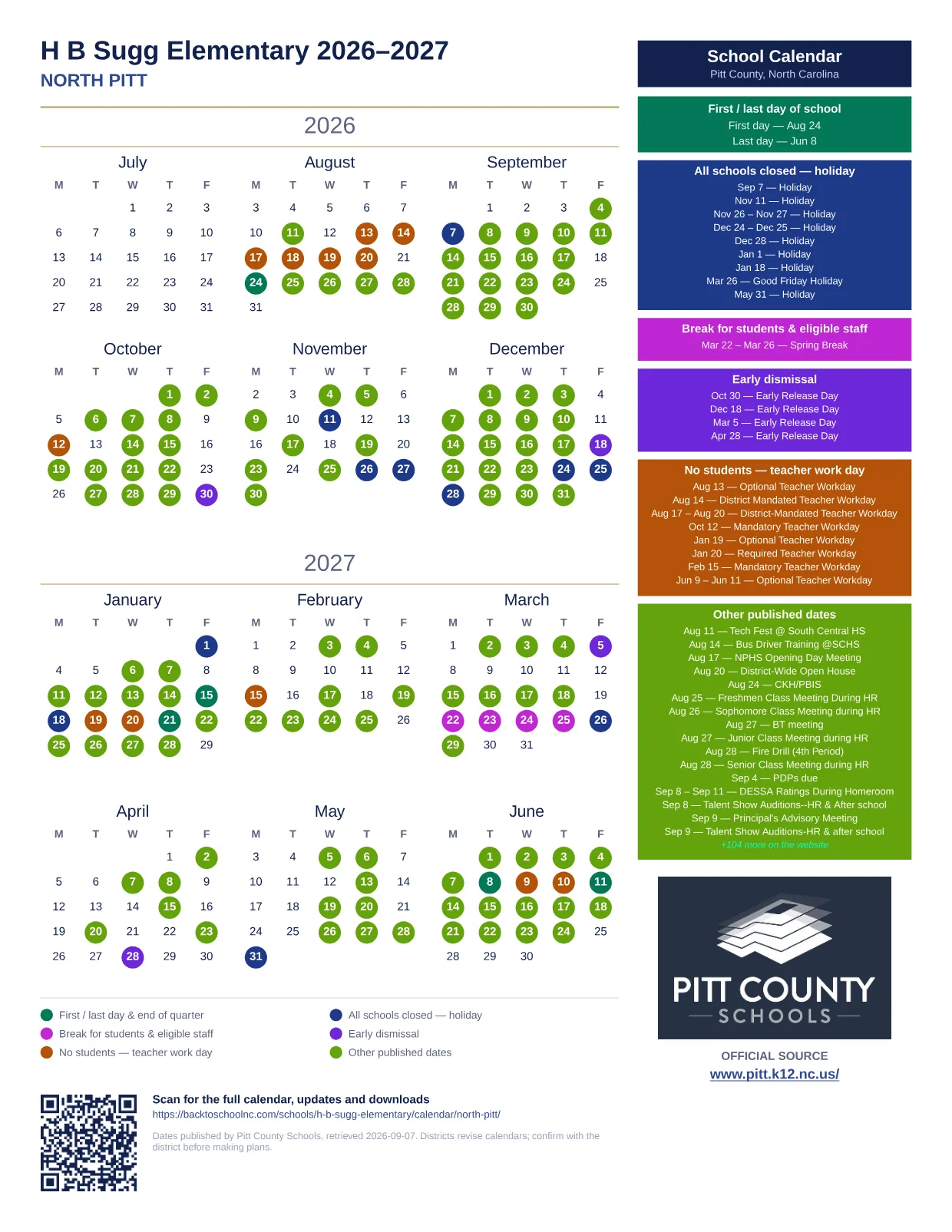 H B Sugg Elementary 2026–2027 printable calendar