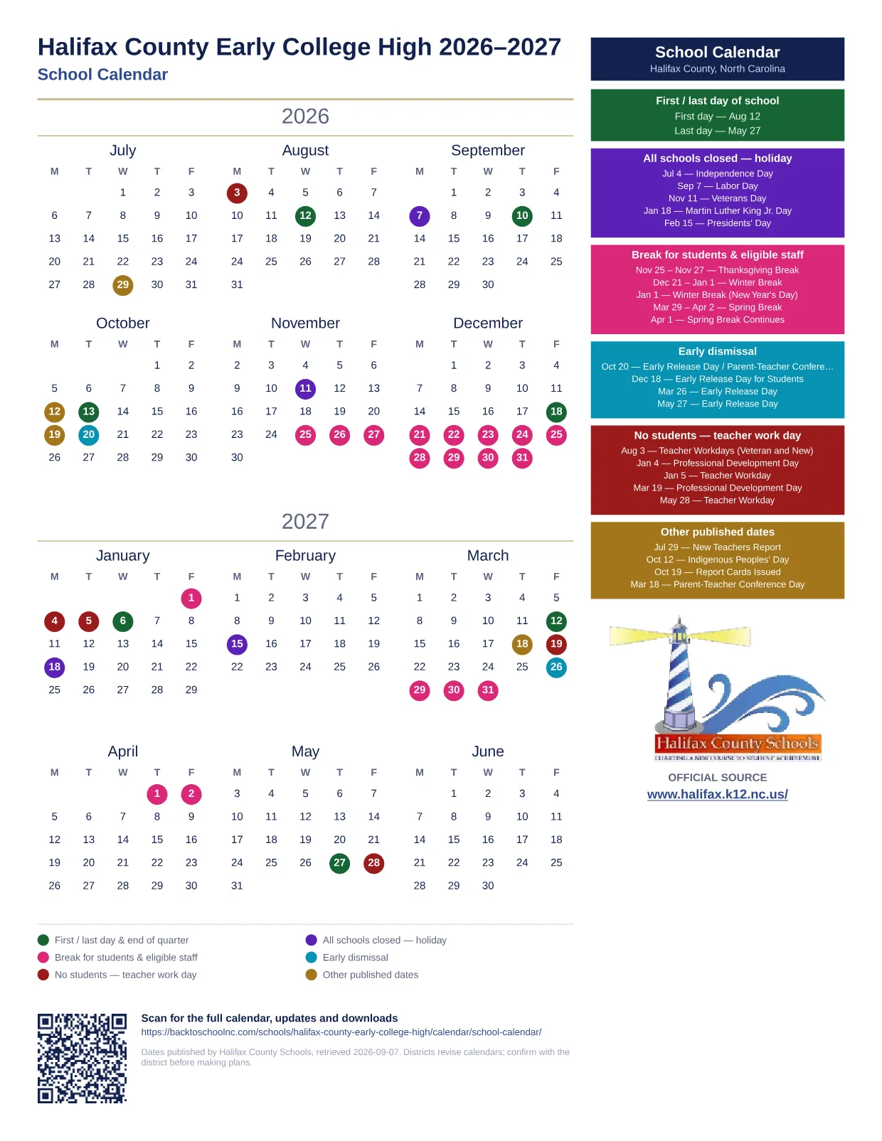 Halifax County Early College High 2026–2027 printable calendar