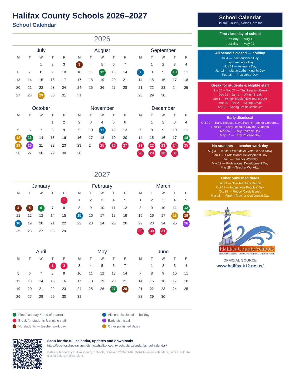 Halifax County Schools School Calendar 2026–2027 printable calendar