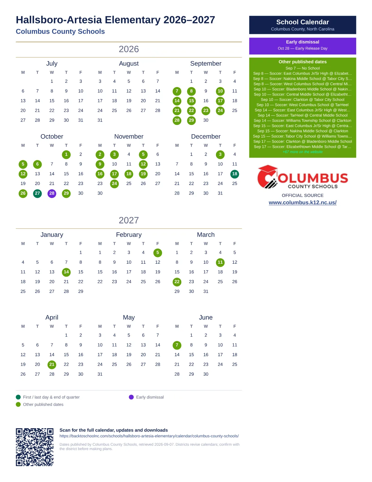 Hallsboro-Artesia Elementary printable calendar