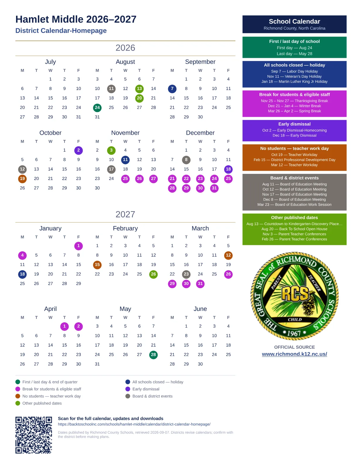 Hamlet Middle 2026–2027 printable calendar