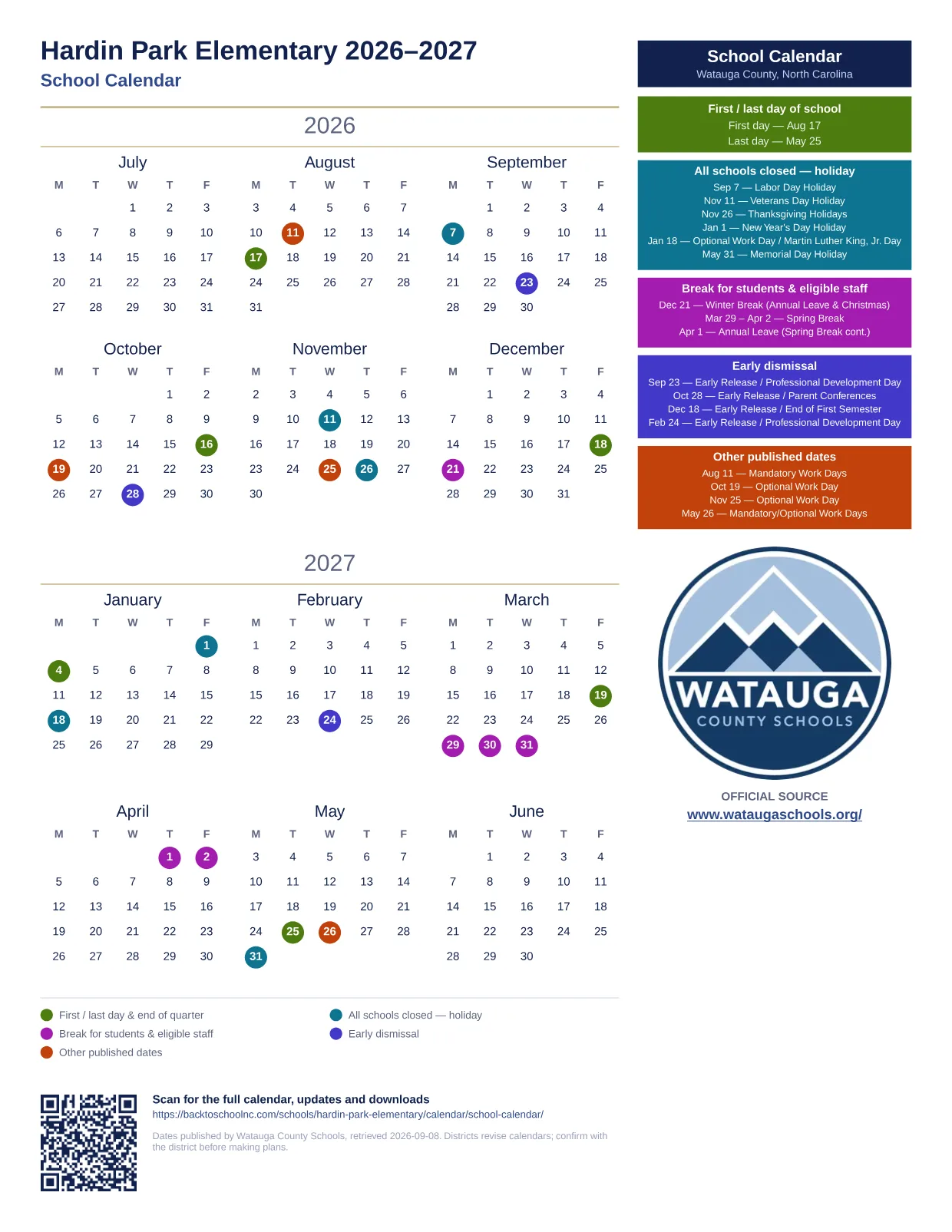 Hardin Park Elementary 2026–2027 printable calendar