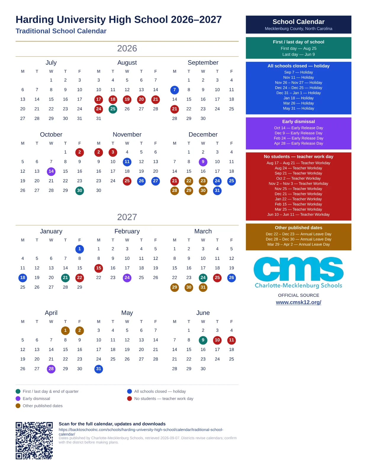 Harding University High School 2026–2027 printable calendar