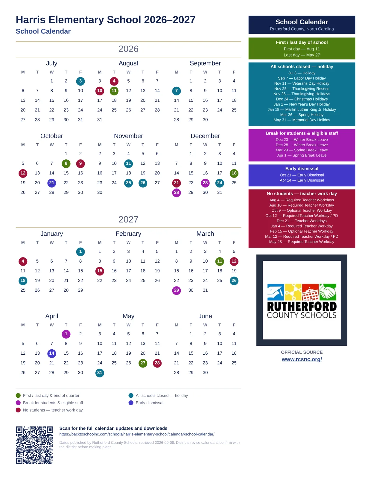 Harris Elementary School 2026–2027 printable calendar