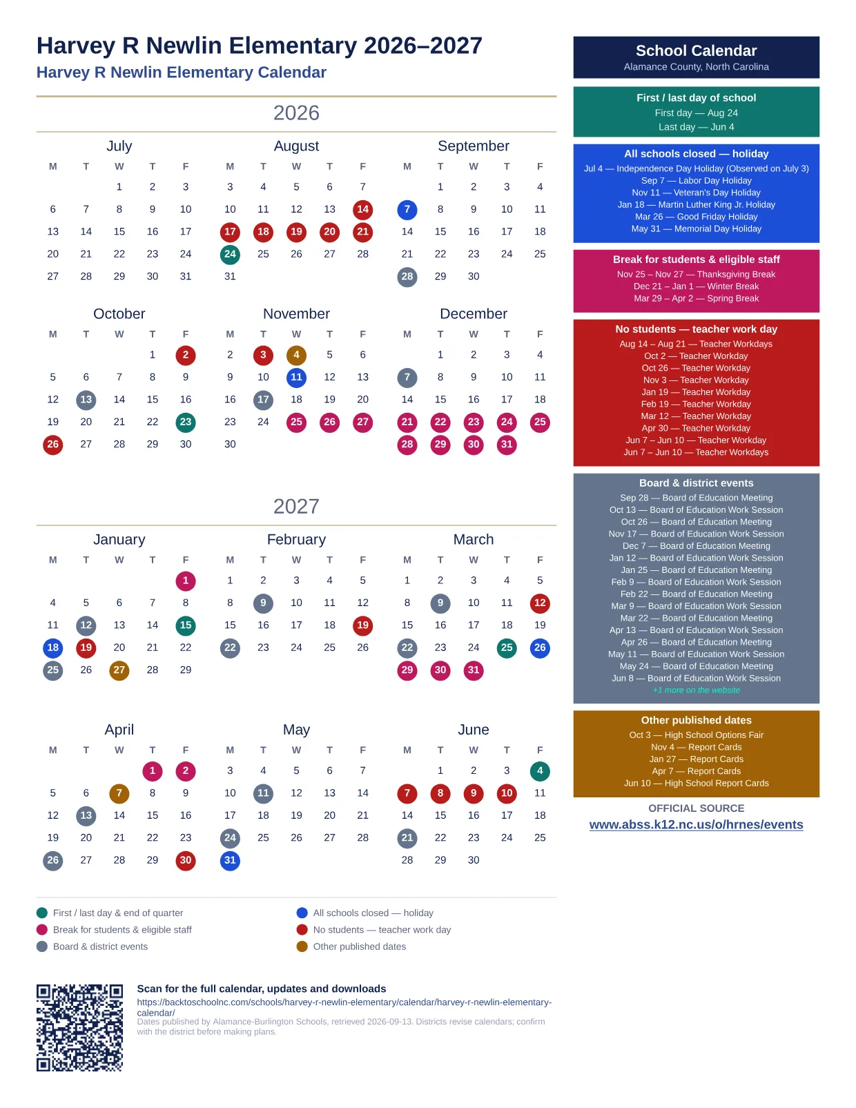 Harvey R Newlin Elementary 2026–2027 printable calendar