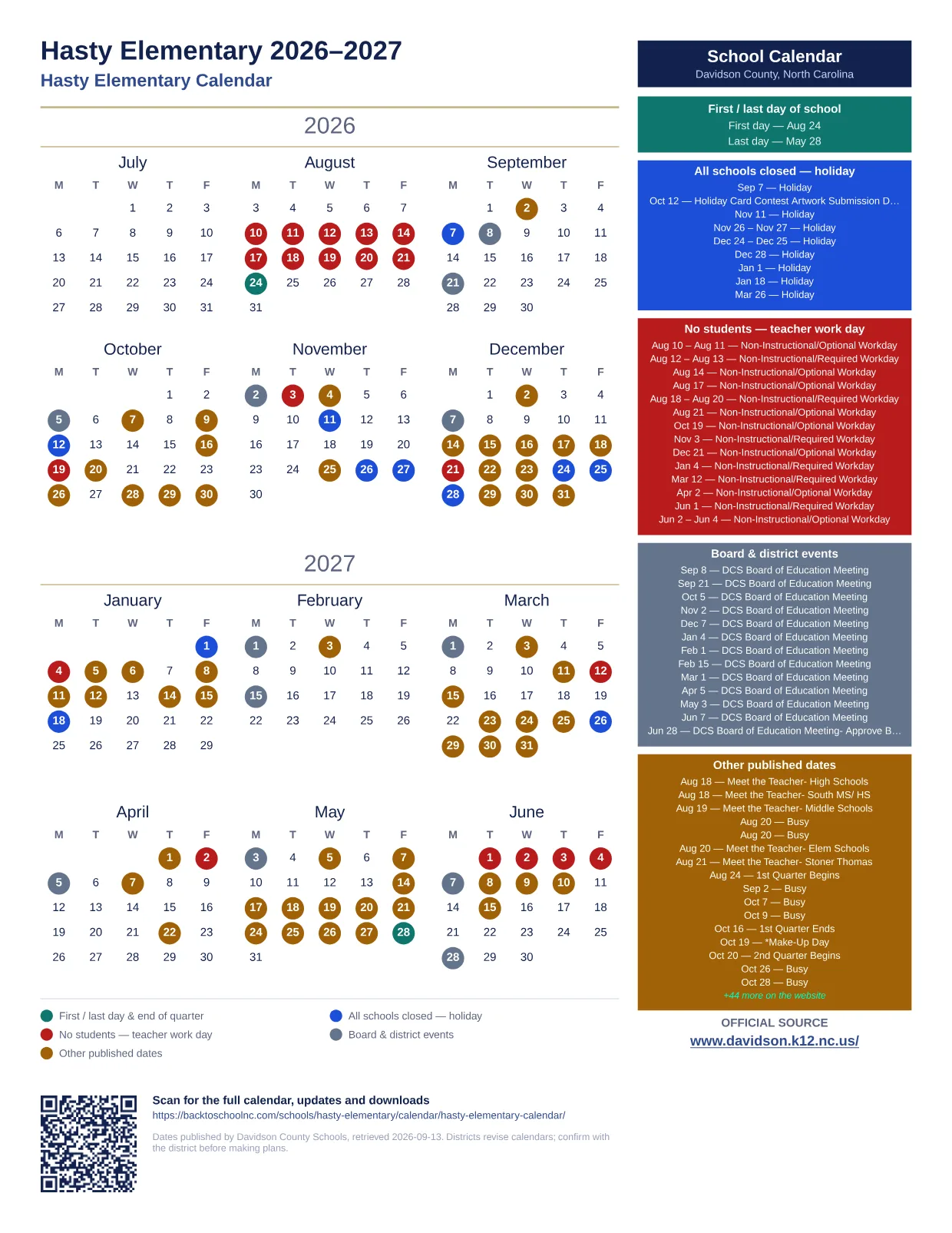 Hasty Elementary 2026–2027 printable calendar