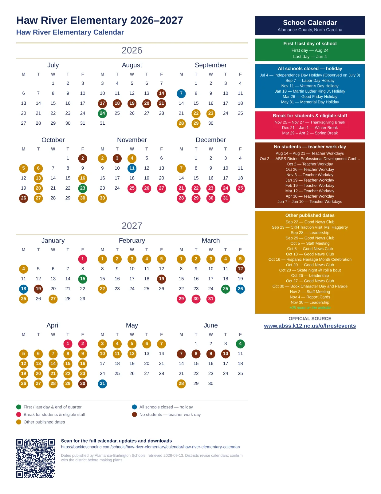Haw River Elementary 2026–2027 printable calendar