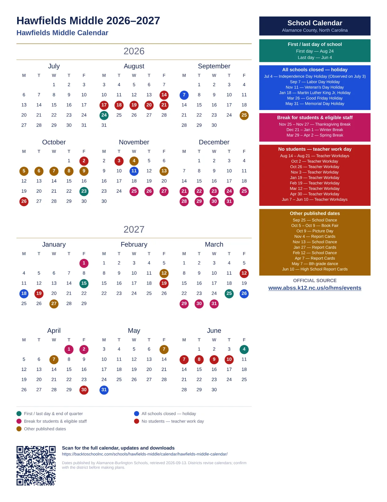 Hawfields Middle 2026–2027 printable calendar