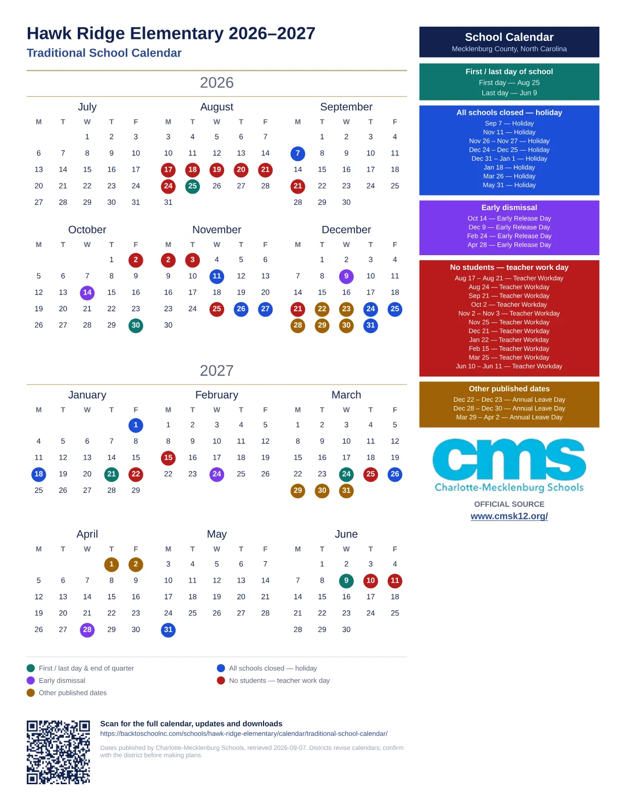 Hawk Ridge Elementary 2026–2027 printable calendar